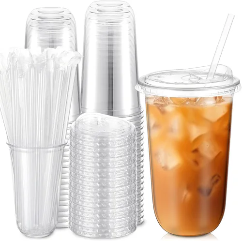Vista 13 de Ziliny Paquete de 25 vasos de plástico transparente de 12 onzas con tapas para sorbos y pajitas, tazas desechables para café helado de cristal