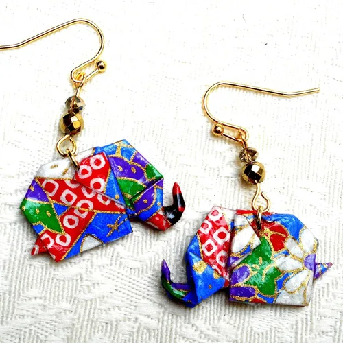 Vista 2 de Royal Blue Red Purple Paper Origami Elephant Dangle Earrings,Birthday 1st Anniversary Good Luck Gift