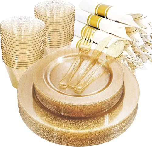 Vista 10 de DaYammi Juego de 210 platos de plástico desechables dorados para bodas y fiestas Marrón