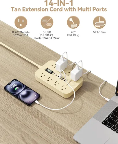 Vista 2 de Regleta de alimentación beige con puertos USB, cable de extensión plano de 5 pies, cable de extensión decorativo de 1625 W con 8 tomas de corriente