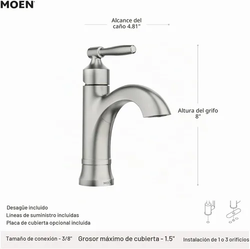 Vista 2 de Moen Halle 84970BL - Grifo de lavabo de baño de un solo orificio negro mate con placa opcional