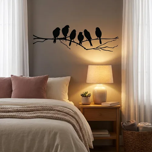 Vista 8 de Picniva Calcomanía de pared de pájaro en rama de árbol, 22 x 7 pulgadas, vinilo negro mate para decoración de guardería, sala de estar y dormitorio