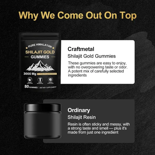 Vista 7 de Gomitas Shilajit, gomitas puras del Himalaya Shilajit doradas, sin azúcar añadido, sin OMG, 100% naturales y orgánicas, Ashwagandha, Gokshura, ácido