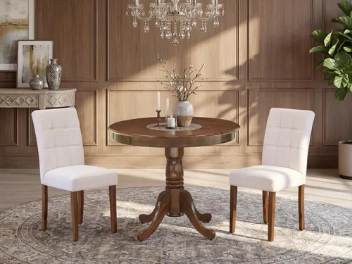 Vista 2 de East West Furniture ANAS3-AWA-08 Juego de mesa de comedor de cocina de 3 piezas contiene una mesa moderna y 2 sillas de comedor tapizadas de tela