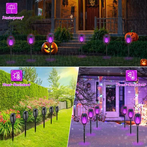 Vista 3 de IkeeRuic Decoraciones de Halloween al aire libre, luces solares de Halloween moradas con llama parpadeante, luces solares para decoración de patio