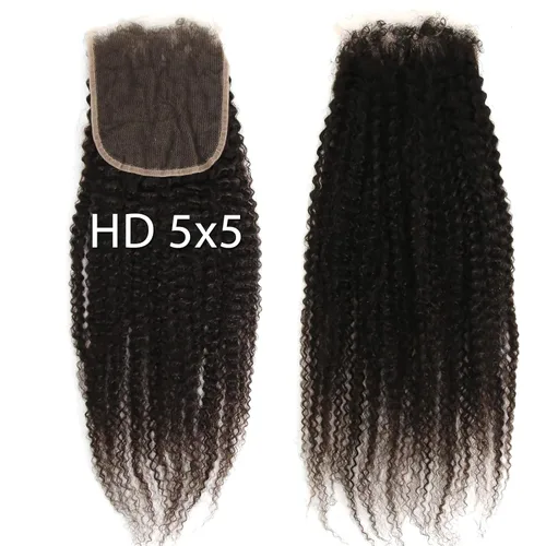 Vista 25 de Afro Kinky Curly 5x5 HD Cierre de encaje prearrancado con borde rizado de bebé 4B 4C, cierre de encaje HD de cabello humano transparente