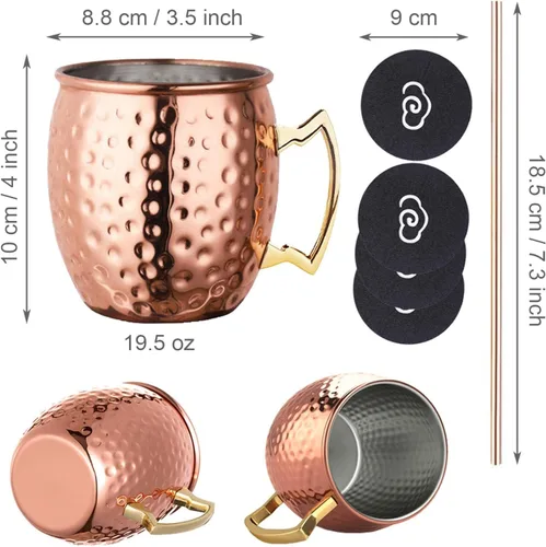 Vista 4 de LIVEHITOP Moscow Mule - Juego de 4 tazas de cóctel hechas a mano de cobre de 19.5 onzas con posavasos para bebidas frías, vino, bar, fiesta, hotel