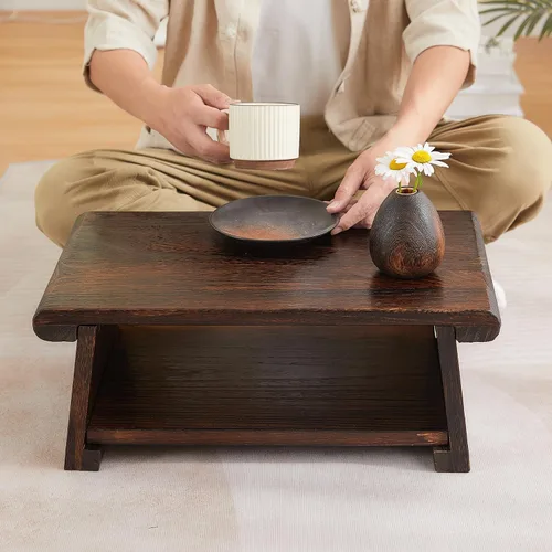 Vista 2 de Mesa de altar japonesa, mesa de piso plegable, pequeña mesa de meditación baja de madera, mesa de centro para sala de estar, marrón, 19.7 x 11.8 x