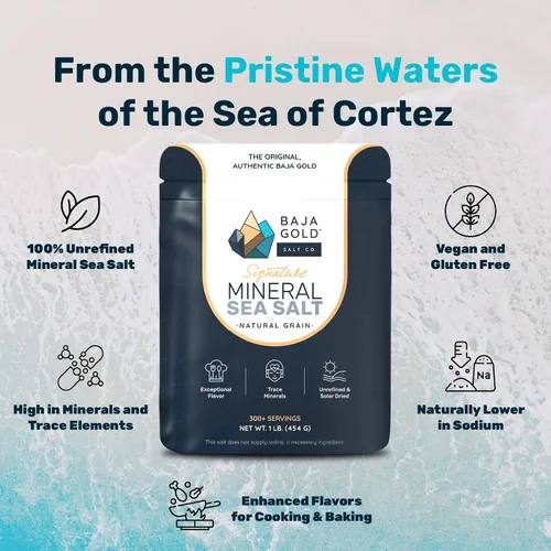 Vista 4 de Baja Gold Sal Marina Mineral - Recomendada por Gary Brecka - Sal de Grano Natural Orgánica para Cocinar y Hornear Auténtica Sal de Baja Ideal