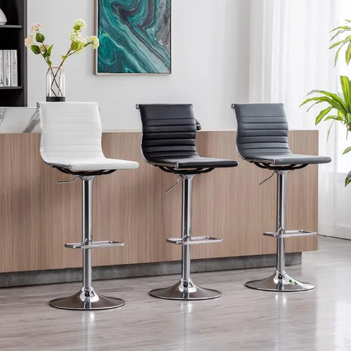 Vista 5 de LZAREAL Juego de 2 taburetes de bar de metal con altura ajustable, diseño moderno de piel sintética blanca sin brazos con base cromada para isla