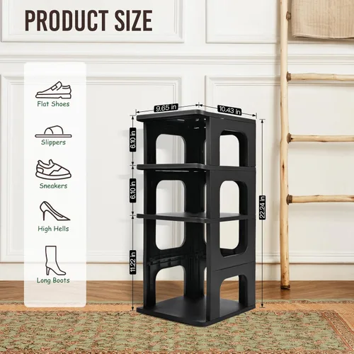Vista 3 de TRZZ - Estante pequeño para zapatos de 4 niveles, organizador vertical estrecho apilable con partición removible, almacenamiento eficiente de Negro