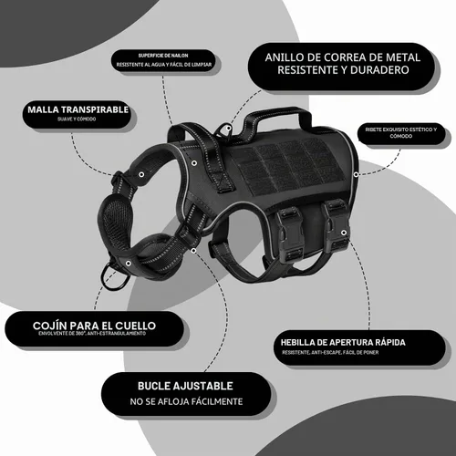 Vista 5 de Arnés para perros grandes resistente, arnés táctico sin tirones para perro con sistema Molle, chaleco para perro de servicio fácil de poner y Negro