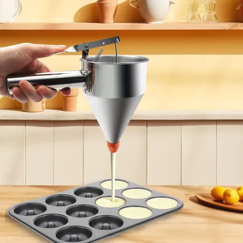 Vista 7 de Dispensador de masa para panqueques de 40 onzas, dispensador de pastel de embudo de acero inoxidable con soporte, herramienta de hornear resistente