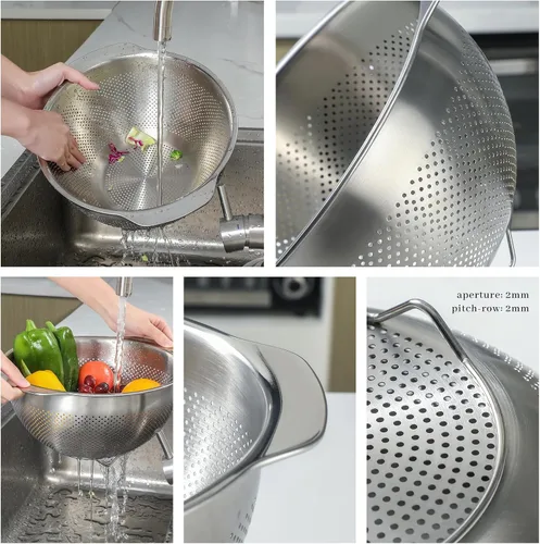 Vista 6 de Colador de Micropozos de Acero Inoxidable 18/8, Gran Capacidad de 2.5 Cuartos con Mango, Cesta Coladora de Alimentos de Cocina para Lavar Verduras
