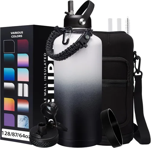 Vista 44 de Botella de agua aislada de 1 galón, con popote y tapa de pico automático, mango de paracord, funda para botella, botella de agua de acero inoxidable