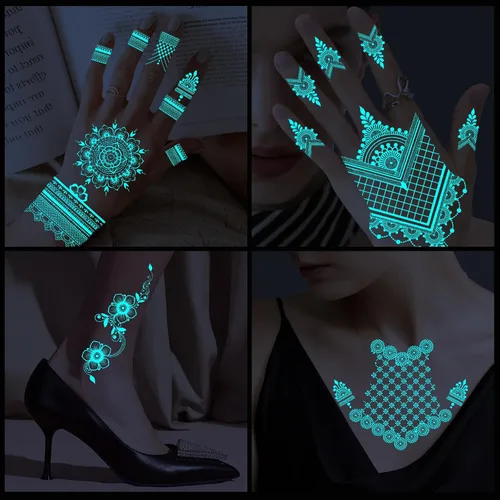 Vista 5 de Konsait 8 hojas de tatuajes luminosos temporales para mujeres y niñas, tatuajes temporales luminosos para mujeres, tatuajes de luz negra que brillan