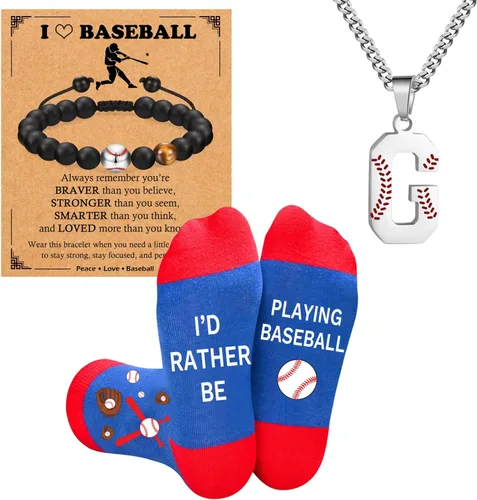 Vista 10 de Juego de regalos de béisbol, collar de fútbol con letras A-Z para hombres, calcetines de béisbol y pulseras de béisbol para amantes del béisbol