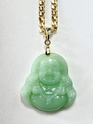 Vista 5 de Collar con colgante de Buda sonriente y sonriente, de jade verde lima y cadena cubana de oro genuina certificada de jade de grado A hecha a mano