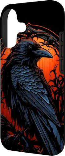 Vista 2 de Funda estética oscura para iPhone 17, diseño de cuervo gótico, diseño de pájaro de cuervo y pájaro oculto