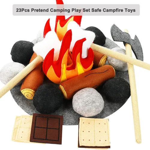 Vista 2 de 23 piezas de juguetes de fogata de simulación, juego de fogata de felpa y fieltro para niños, juguetes seguros de fuego falso, madera y piedras
