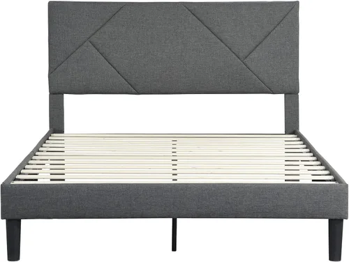 Vista 3 de Base de cama de plataforma de tamaño matrimonial con cabecera tapizada de tela y soporte de listones de madera, base de colchón totalmente tapizada