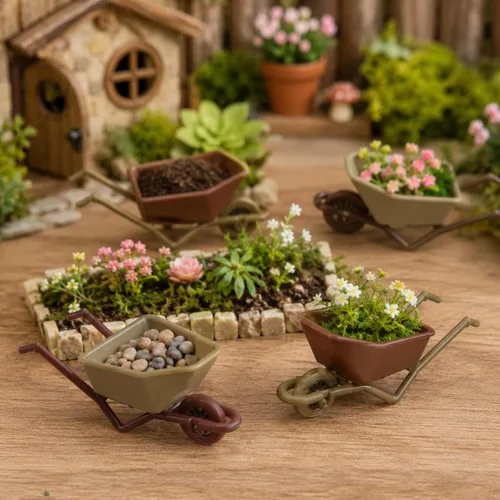 Vista 6 de LOGOFUN Carretilla de muñeca en miniatura modelo verde+marrón de 8 piezas