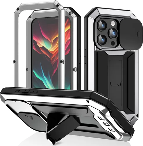 Vista 7 de Lunivop Funda para iPhone 15 Pro Max, protección resistente, tornillo de cuerpo completo, de goma de metal de grado militar, con soporte duro Negro