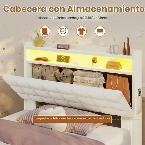 Vista 4 de ADORNEVE Bastidor de cama individual con almacenamiento abatible y luces LED, cabecera con almacenamiento oculto y estación de carga, cama tapizada