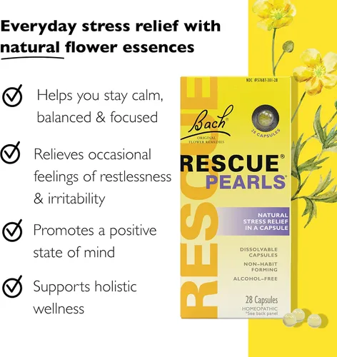 Vista 2 de Bach RESCUE PEARLS, sabor a vainilla naranja natural, alivio del estrés natural, esencia floral homeopática, disolución rápida, sin gluten ni