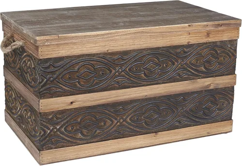 Vista 20 de Household Essentials Baúl decorativo de estilo victoriano, acabado en madera envejecida y acentos metálicos, con tapa completamente abierta y asas