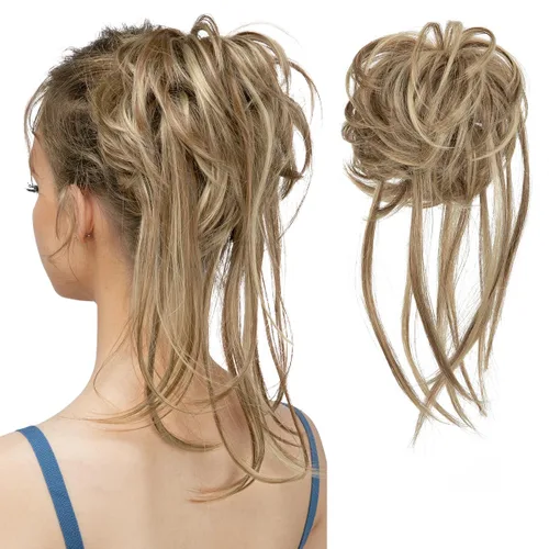 Vista 27 de Extensiones de cabello rizado con cola de caballo, cabello sintético con coleta recta, coleteros para mujer, rubio ceniza/rubio playa
