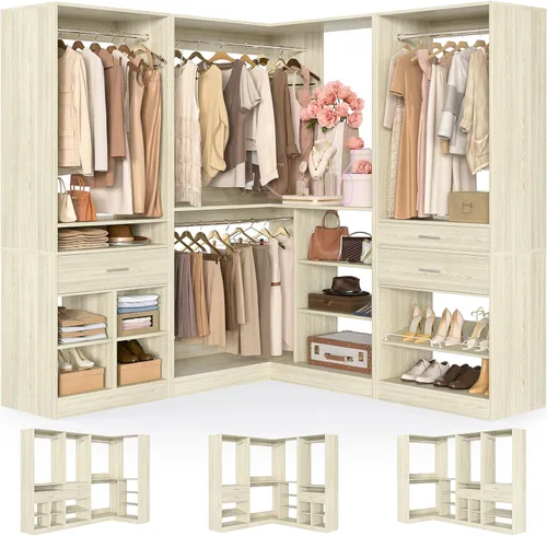 Vista 10 de Unikito Organizador de armario de 25 pulgadas de ancho x 80 pulgadas de alto, con barra para colgar y 2 cajones de madera, zapatero ajustable