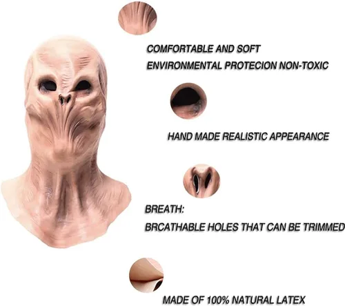 Vista 5 de Máscara de cabeza de alienígena para adultos y niños, disfraz de Halloween, máscara realista de alienígena, de látex, máscara de cabeza completa