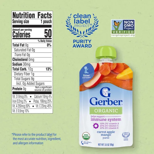 Vista 8 de Gerber Alimento para bebés etapa 2, mango orgánico de zanahoria y manzana, bolsas de comida para bebés, bolsas de puré, vitamina A, C y E ayuda a
