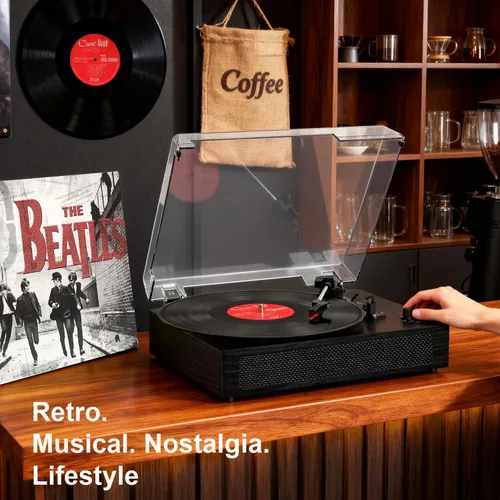Vista 5 de Tocadiscos de vinilo con Bluetooth y altavoces estéreo integrados, tocadiscos vintage de 3 velocidades con parada automática, salida RCA y entrada