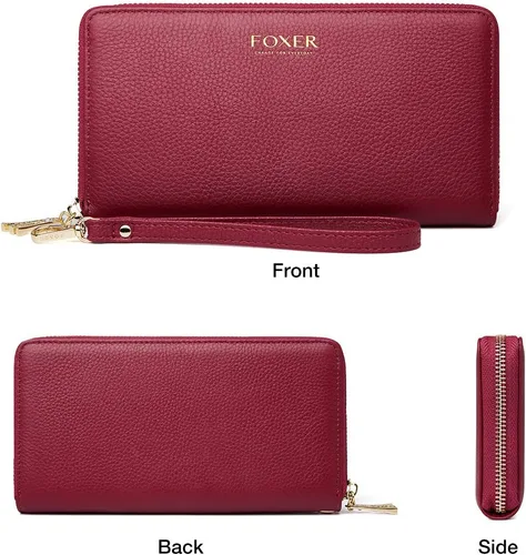 Vista 6 de FOXLOVER Carteras de cuero genuino para mujer, con bloqueo RFID, con cremallera, con pulsera
