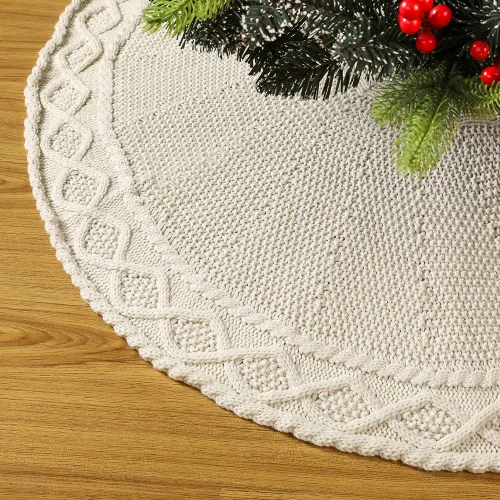 Vista 12 de Sattiyrch Falda de punto para árbol de Navidad – Base clásica de punto trenzado con cierre de lazo – Decoración festiva acogedora para árbol de Beige