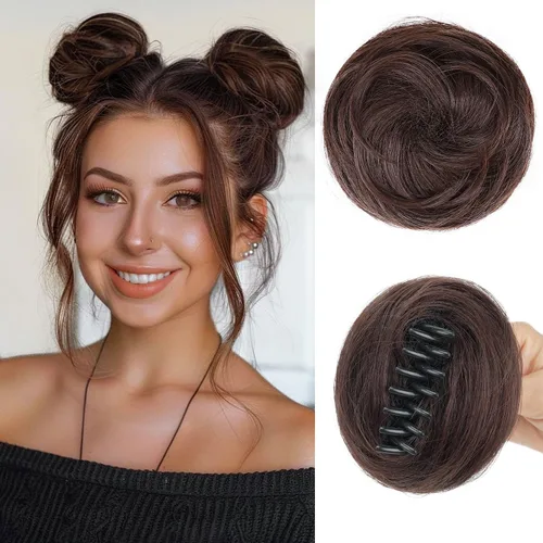 Vista 14 de Extensiones de moño espacial para mujer, 2 piezas de extensiones de moño de cabello falso natural, clip de garra, moño de pelo sintético