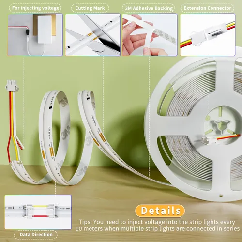 Vista 5 de PAUTIX Luces LED sin puntos, Tiras de Luces LED RGB Smart IC COB Direccionables 16.4ft, Certificadas UL 24V Efectos de Persecución Cinta Flexible