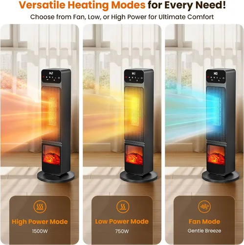 Vista 7 de Calentadores de torre para uso en interiores, calentador eléctrico de chimenea de 750 W/1500 W, llama 3D, calentador y ventilador con oscilación