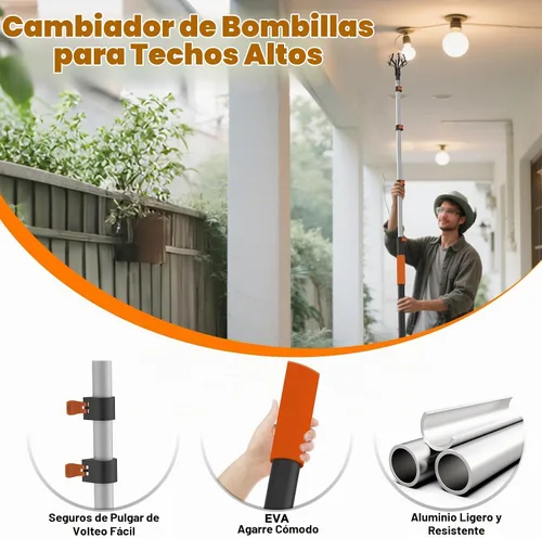 Vista 4 de Buyplus Cambiador de bombilla de alcance de 18.5 pies para techos altos con poste de extensión telescópico de 3 a 12.5 pies, extensión de poste
