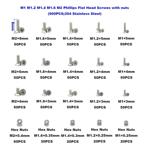 Vista 2 de Juego de 900 piezas de tornillos y tuercas de acero inoxidable M1 M1.2 M1.4 M1.6 M2 Phillips con cabeza avellanada/plana 304 Stainless Steel