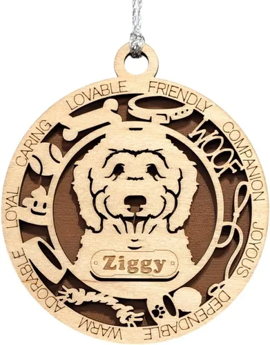 Vista 185 de Adorno de Navidad personalizado para perro Cavalier King Charles Spaniel, redondo de 3 pulgadas, madera cortada con láser de 2 capas, nombre y texto