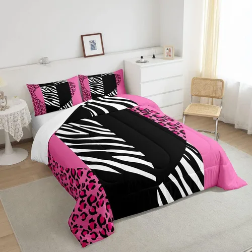 Vista 4 de Manfei Juego de edredón de leopardo rosa, tamaño individual, juego de edredón romántico con estampado de corazón con 1 funda de almohada, juego