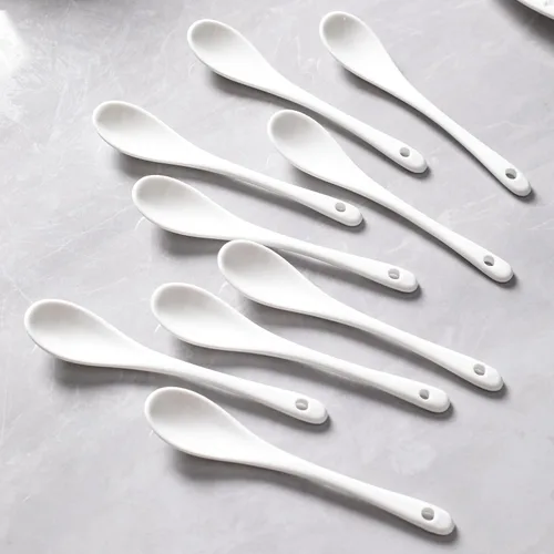 Vista 5 de 6 cucharas de café blanco de porcelana, salsa de té espresso y postres cucharas de cerámica