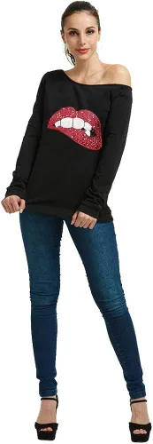 Vista 2 de MAGICMK - Sudaderas con hombro descubierto para mujer, manga larga, estampado de labios, casuales