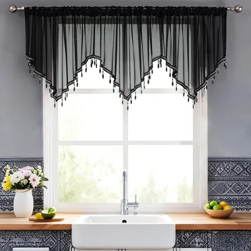 Vista 13 de WUBODTI Cortinas transparentes con cenefa con cuentas negras para ventanas, 1 unidad, cenefas de cortina semitransparentes para dormitorio y cocina