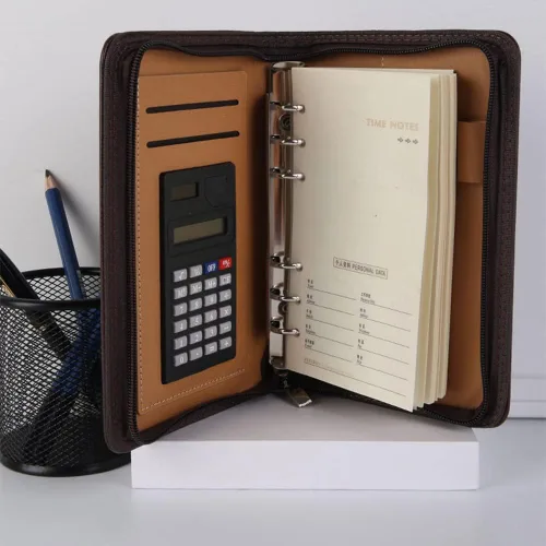 Vista 5 de Cartera de cuero con cremallera, organizador de bloc de notas, carpeta de presupuesto con calculadora y anillos de hojas sueltos, carpeta