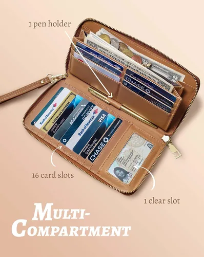 Vista 4 de Cartera para mujer con tarjetero para tarjetas de crédito, bolsillos para dinero, correa de pulsera, monedero con bloqueo RFID, gran capacidad