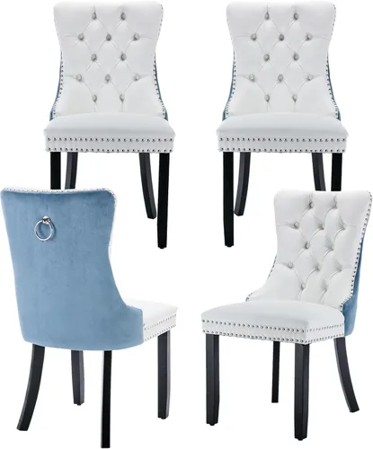 Vista 58 de Juego de 2 sillas de comedor de terciopelo, silla de comedor tapizada de alta gama con tirador de anillo en la espalda, adorno de clavos y patas